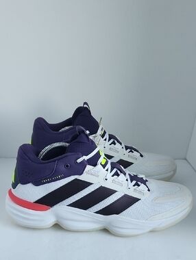 adidas White Sneakers with Purple, Black & Neon Yellow Accents